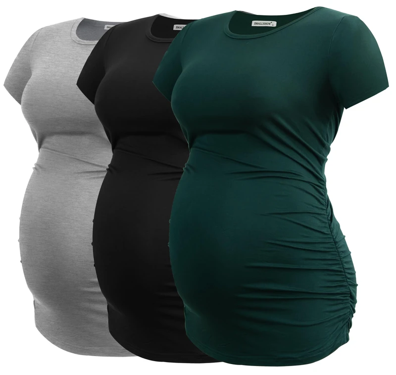 Smallshow Women's Maternity Shirt Side Ruched Tunic Pregnancy Top Clothes 3-Pack, Black/Light Grey/Deep Green, L