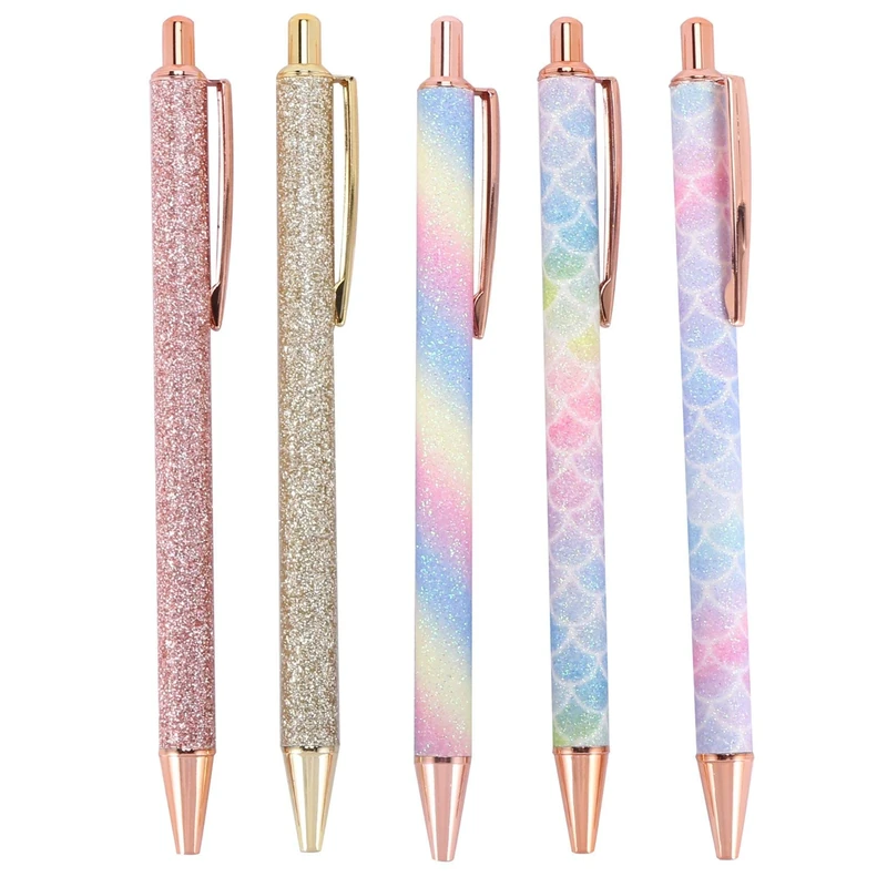 VOMONO Ballpoint Pens, 5Pcs Retractable Pen Black Ink Medium Point (1.0Mm) Click Ball Pens Rose Gold Office Supplies for Men, Women, Students, Business