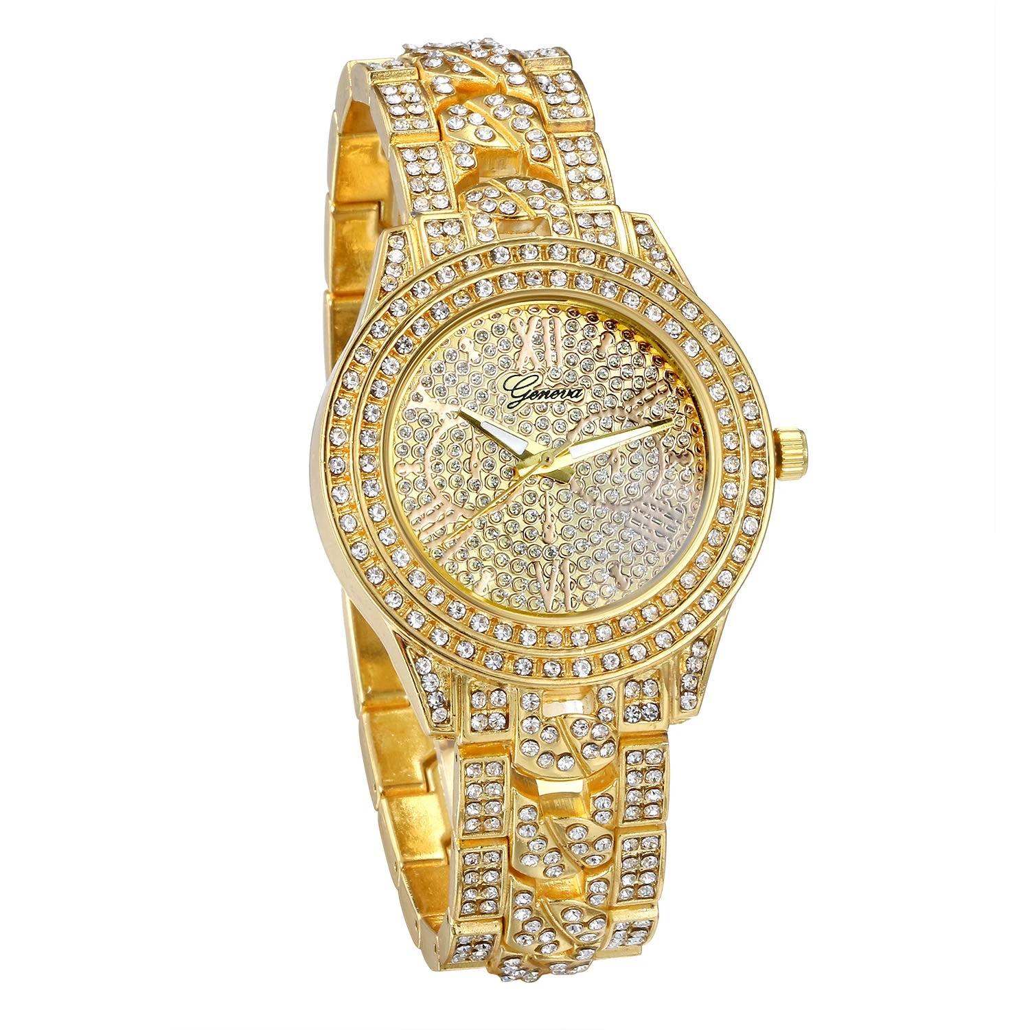 JewelryWe Men Women Watches Gold Tone Alloy Quartz Watch Stylish Rhinestone Business Casual Dress Wristwatches for Fathers Day