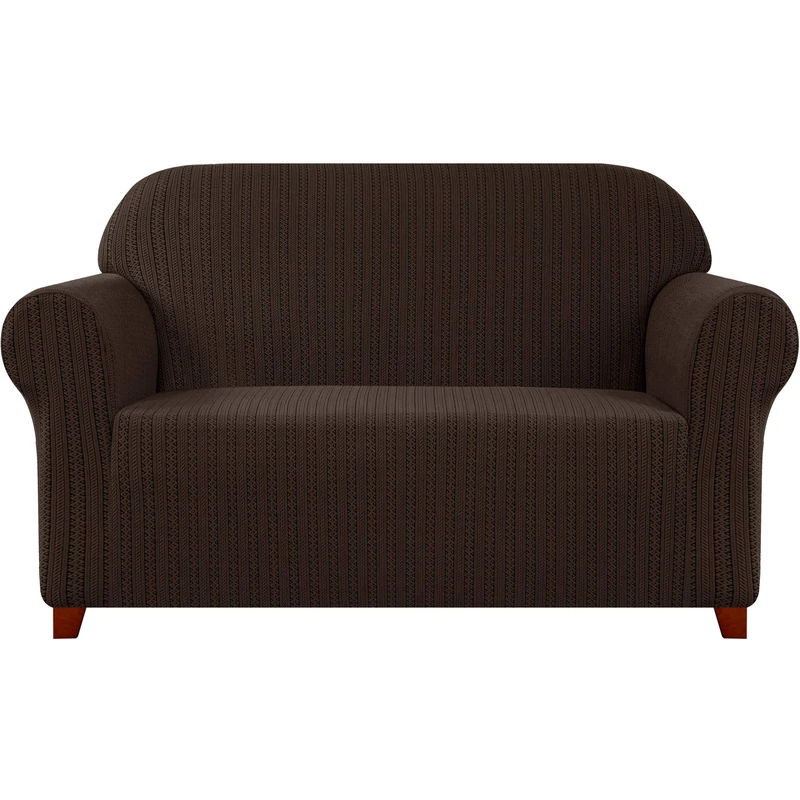 subrtex 1-Piece Striped Jacquard Sofa Slipcover, Spandex Stretch Couch Sofa Cover, Washable Furniture Protector for Living Room (3 Seaters, Chocolate) - Image 1