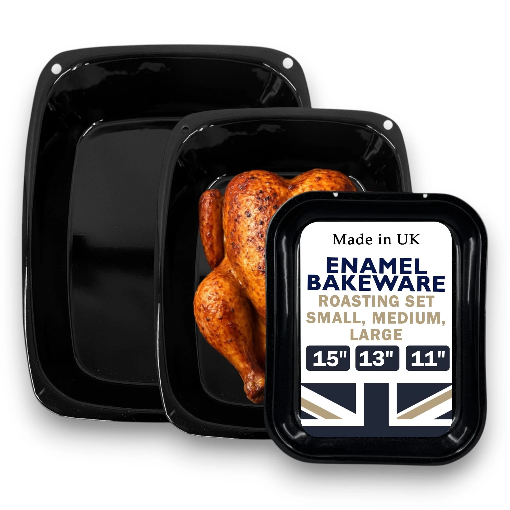 Great British Bakeware Vitreous Enamel Roasting Tray Set - 28, 33, 37cm Baking & Roasting Tray, Heavy Duty Vitreous Enamel Bakeware, Cookware Set, Made in England, Scratch Resistant