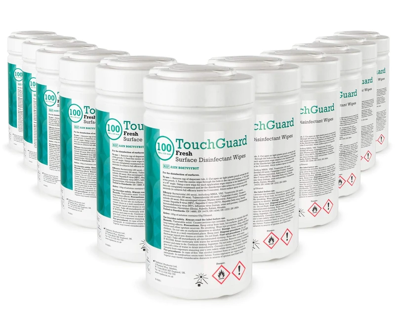 TouchGuard Fresh, Surface Disinfectant Wipes, Tub Dispenser, Multipack of 12 x 100, Total 1200 Wipes - Made in UK
