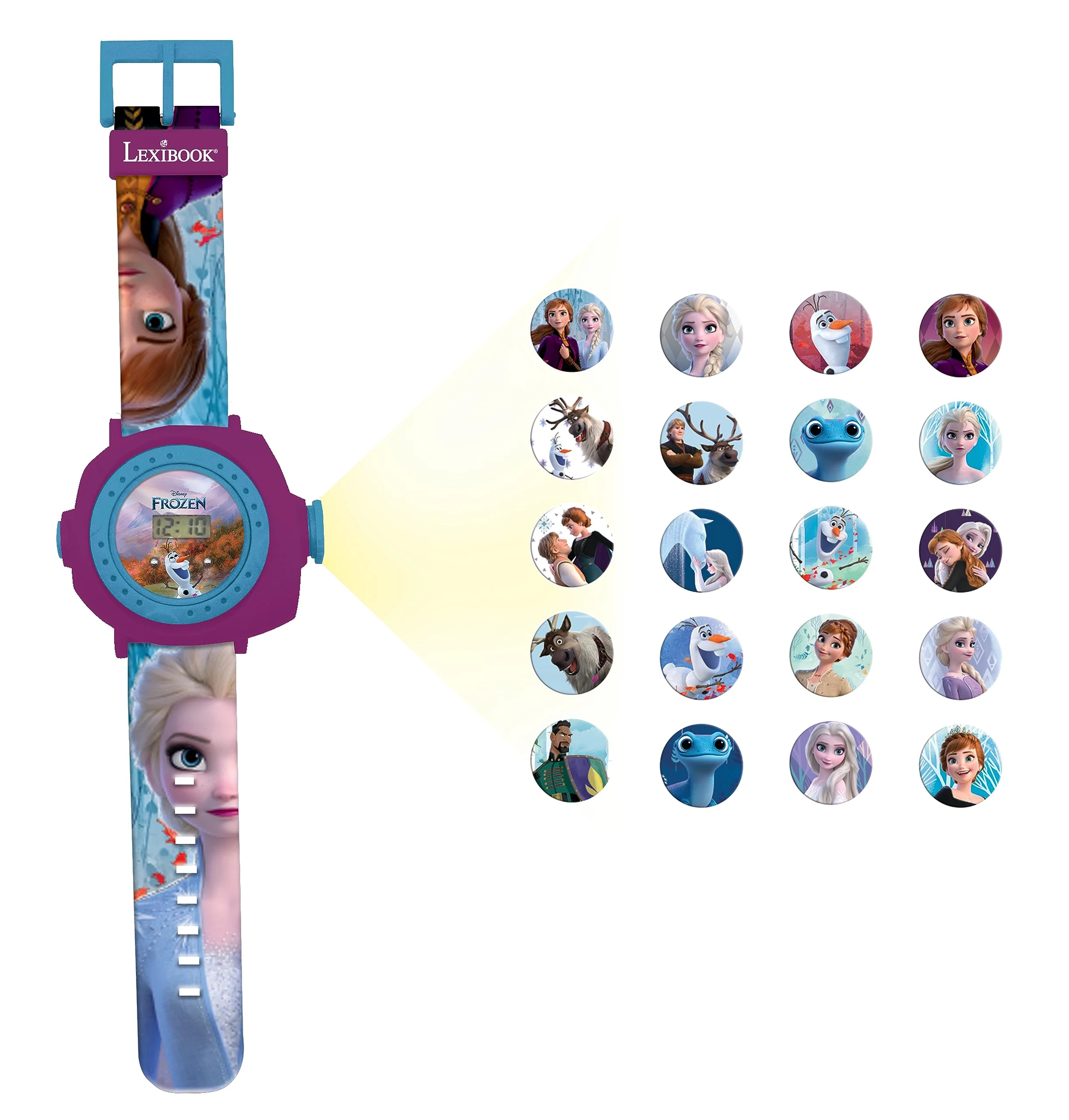 LEXIBOOK Frozen 2 Adjustable Projection Watch Digital Screen – 20 Images of Elsa, Anna and Olaf - for Children/Girls - Blue and Purple –– DMW050FZ