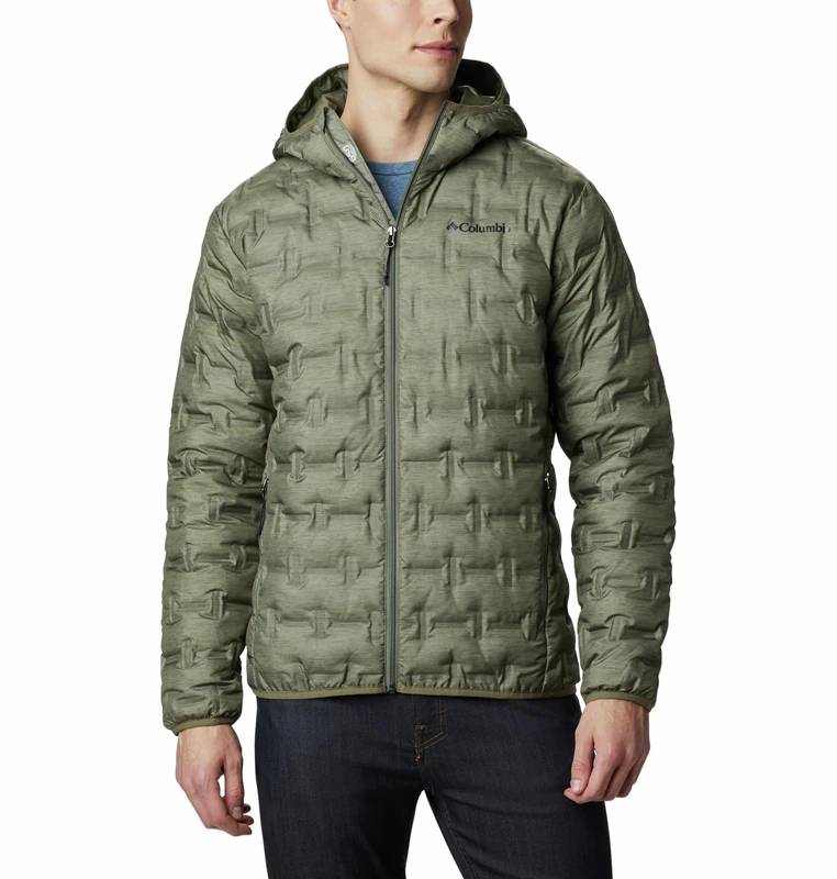 Columbia Men's Delta Ridge Down Hooded Jacket, Hooded Puffer Down Jacket, Stone Green Heather Print, Size XL