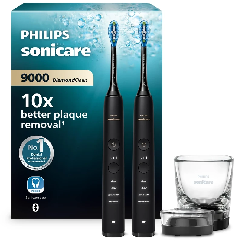 Philips Sonicare DiamondClean 9000 Electric Toothbrush, Sonic Toothbrush with App, Pressure Sensor, 4 Brushing Modes, 3 Intensity Levels, Charging Glass, Black, Dual Pack, Model HX9914/54