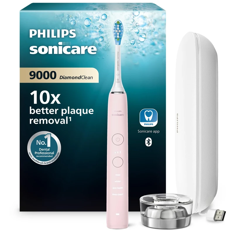 Philips Sonicare DiamondClean 9000 Pink Electric Toothbrush, 4 Modes, 3 Intensities, Gum Pressure Sensor, App, Connected Handle, USB Travel Case, UK 2-Pin Bathroom Plug - HX9911/53 - Image 1