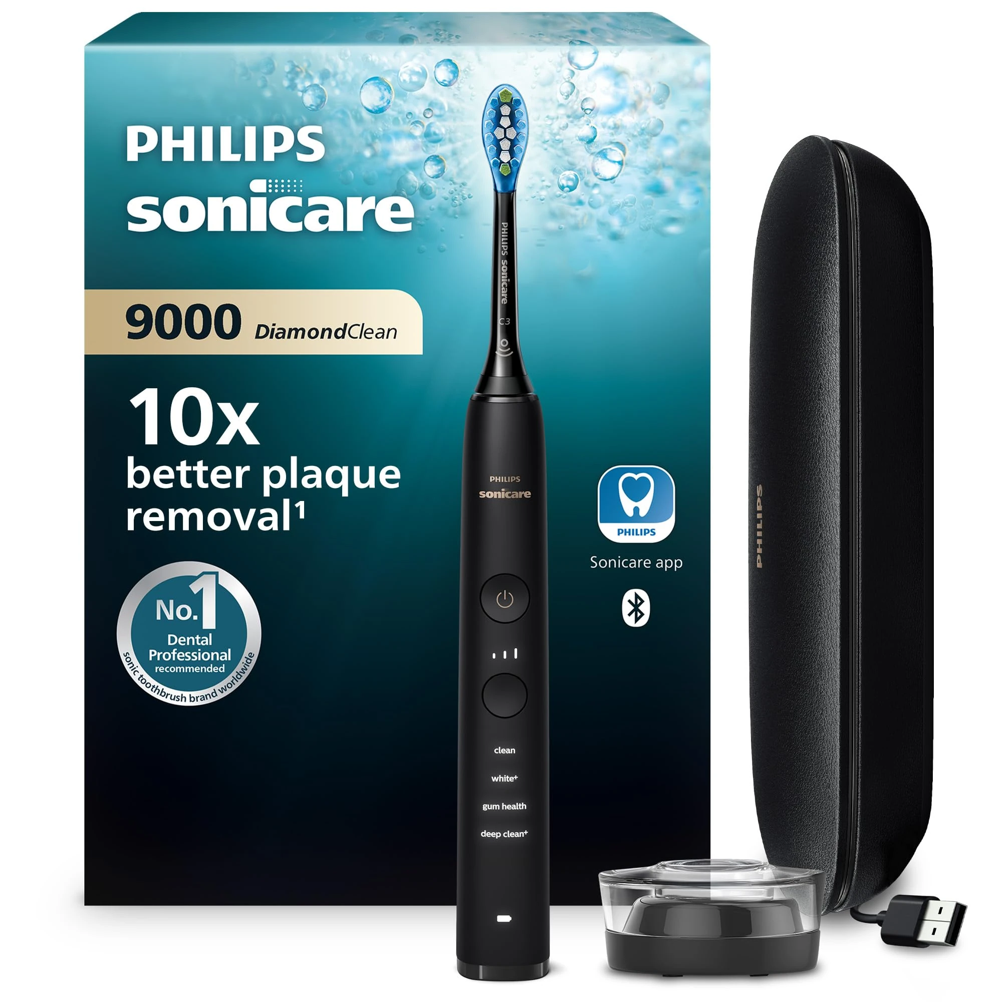Philips Sonicare DiamondClean 9000 Black Electric Toothbrush, 4 Modes, 3 Intensities, Gum Pressure Sensor, App, Connected Handle, UK 2-Pin Bathroom Plug, Packaging May Vary