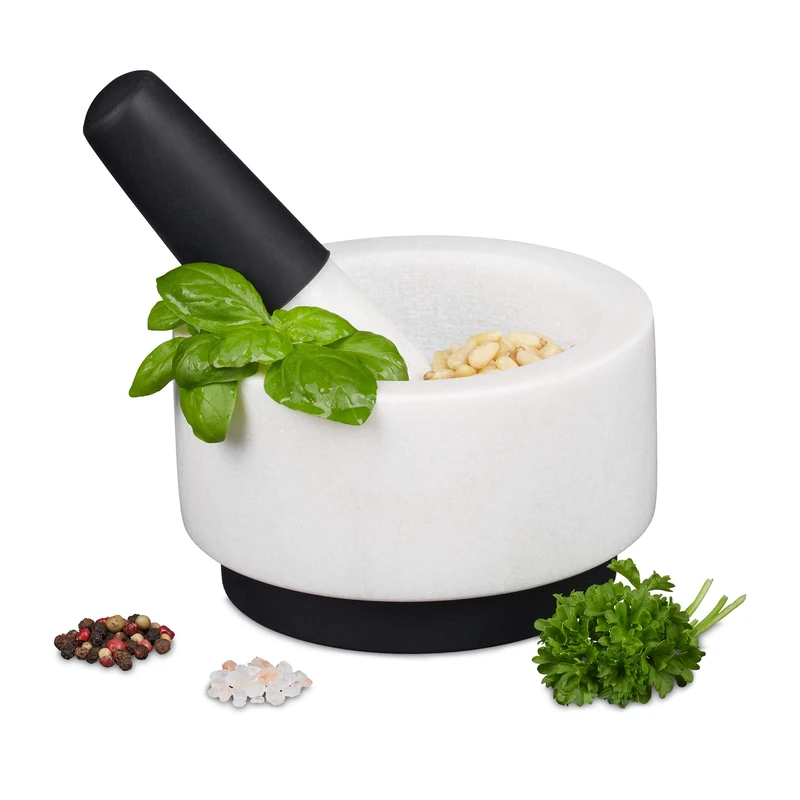 Relaxdays Mortar with Pestle, Spices, Herbs, Polished Stone Mortar, Ø 14 cm, Marble, White