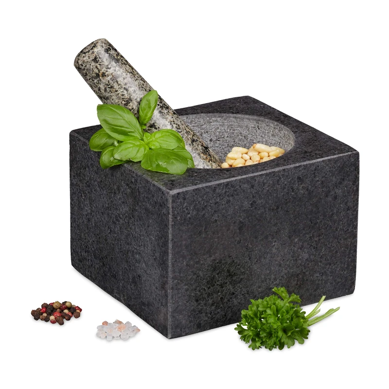 Relaxdays Mortar with Pestle, Spices, Herbs, Polished Stone Mortar, W x D: 14.5 x 14.5 cm, Vol. 500 ml, Granite, Grey