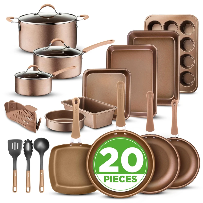 NutriChef 20 Piece Pots and Pans Set, Bakeware and Cookware Set, Induction Hob Pots Set w/Lids, Non Stick Set, Heat Safe Silicone Handles, Saucepan, Frying Pans, Muffin Tin/Cookie Tray, Utensil- Gold