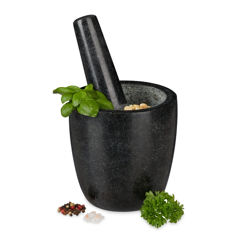 Relaxdays Mortar with Pestle, Spices, Herbs, Polished Stone Mortar, Ø 13 cm, Vol. 500 ml, Granite, Black