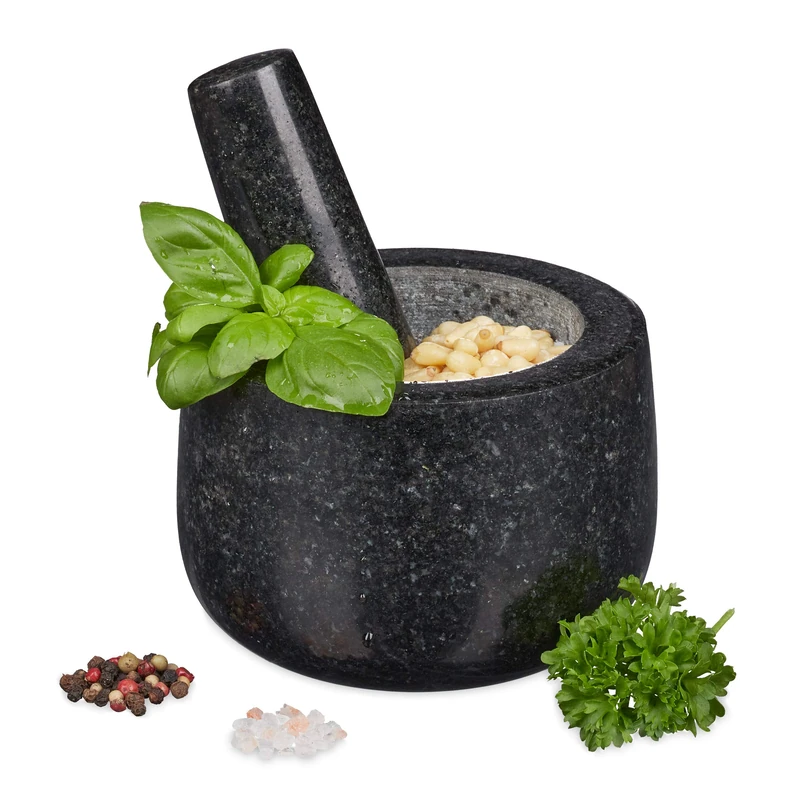 Relaxdays Granite Pestle and Mortar, Durable and Hardwearing, Cooking Set for Grinding Herbs and Spices, Ø 12 cm, Black