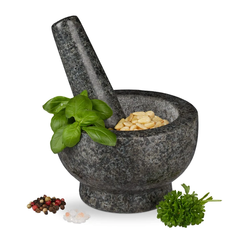 Relaxdays 10029950 Granite Pestle and Mortar, Durable and Hardwearing, Cooking Set for Grinding Herbs and Spices, Large, Grey
