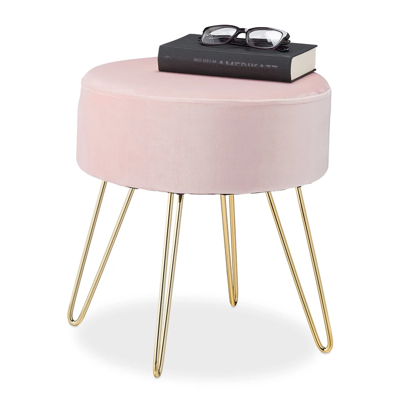 Relaxdays Velvet Stool, Round Seat, Elegant Upholstered Pouf, Golden Metal Legs, Modern & Glamorous, HxØ: 40x40 cm, Pink, Fibreboard