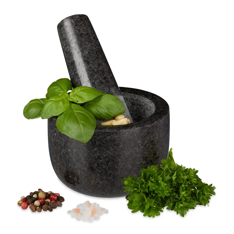 Relaxdays Mortar with Pestle, Spices, Herbs, Polished Stone Mortar, Ø 8.5 cm, Vol. 100 ml, Granite, Grey