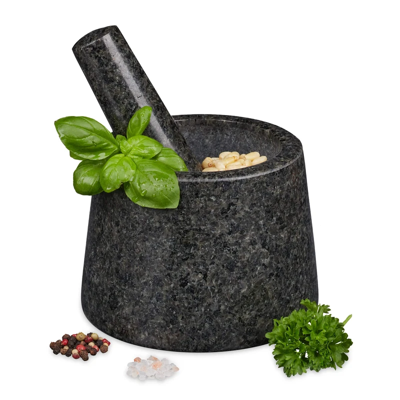 Relaxdays Mortar with Pestle, Spices, Herbs, Polished Stone Mortar, Ø 13.5 cm, Granite, Dark Grey