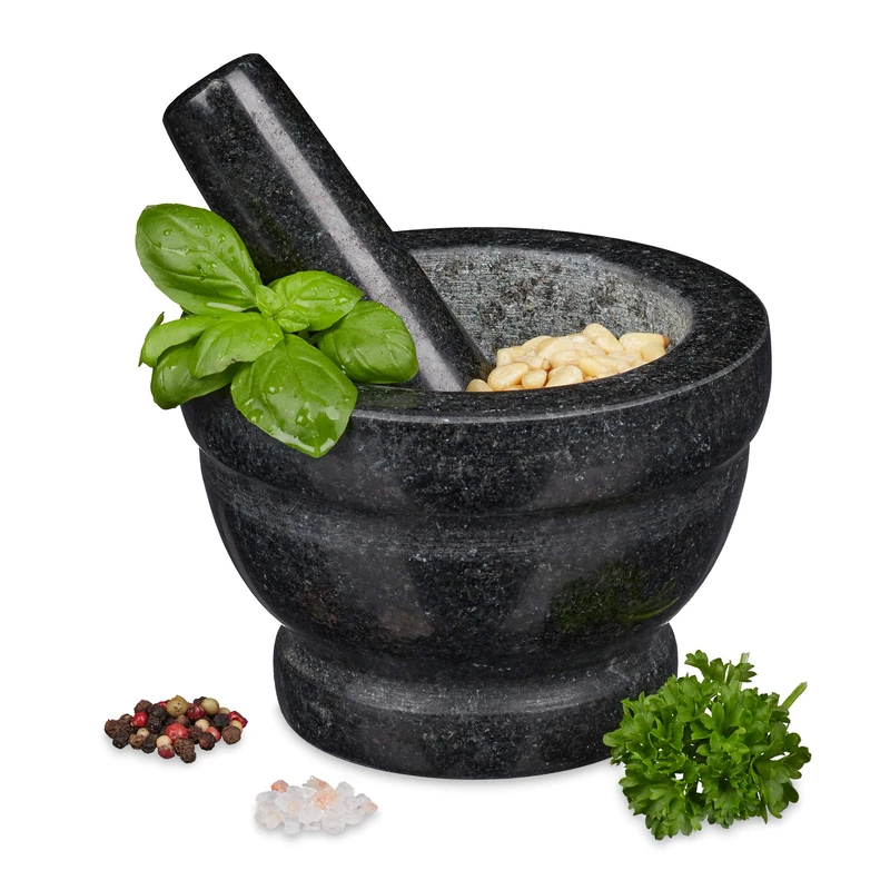Relaxdays Mortar with Pestle, Spices, Herbs, Polished Stone Mortar, Ø 14 cm, Vol. 400 ml, Granite, Grey