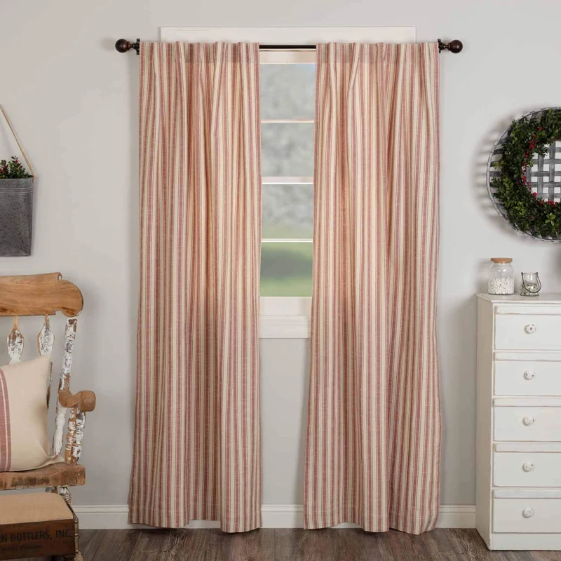 Piper Classics Market Place Red Ticking Stripe Panel Curtains, 84" Long, Set of 2 Panels, Farmhouse Style Drape Curtains in Brick Red & Natural Cream Stripes