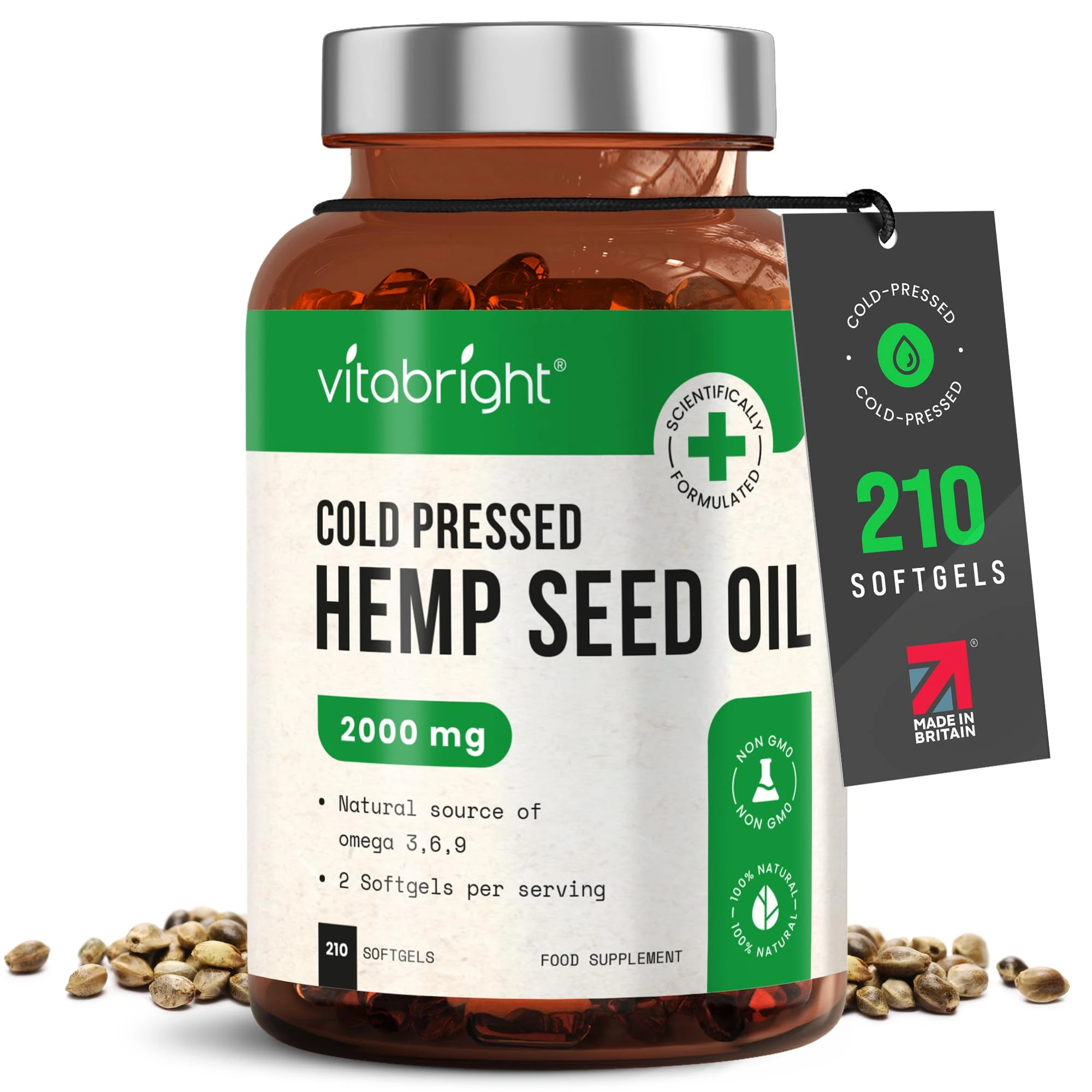 VitaBright Hemp Oil (for Humans) Omega 3 6 9 Capsules High Strength | 2000mg Daily | 210 Hemp Seed Oil Capsules | 3+ Months | Cold Pressed Virgin Omega 369 Softgels