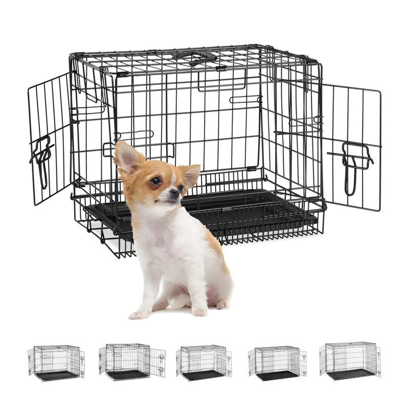 Relaxdays Dog Cage for Home, Office, Car Dog Box, Foldable, Steel Grid Box with Tray, Kennel 40 x 51 x 32 cm, Black