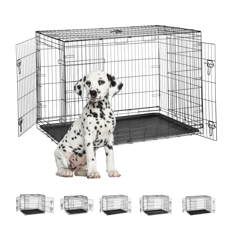 Relaxdays Cage for Home, Office, Car Dog Crate, Foldable, Steel Mesh Box with Tub, Kennel 86.5 x 121.5 x 79 cm, Black, 80% 20% Plastic, 122 cm