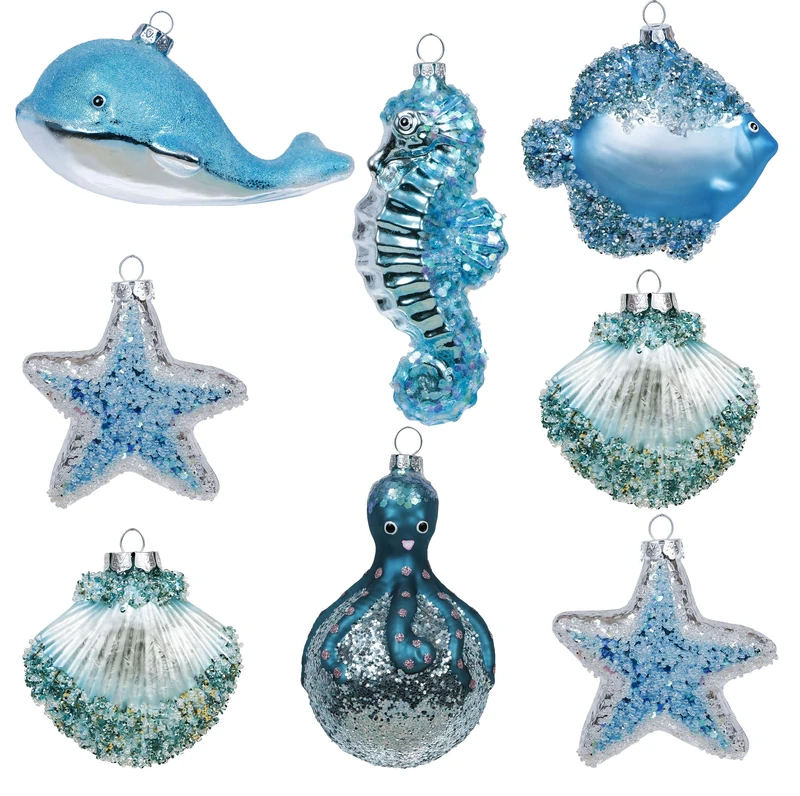 Valery Madelyn Glass Summer Beach Ornaments Set, 8ct Light Blue and Silver Blown Glass Christmas in July Tree Decorations, Coastal Ocean Nautical Marine Xmas Hanging Finial Balls Bulk Holiday Decor
