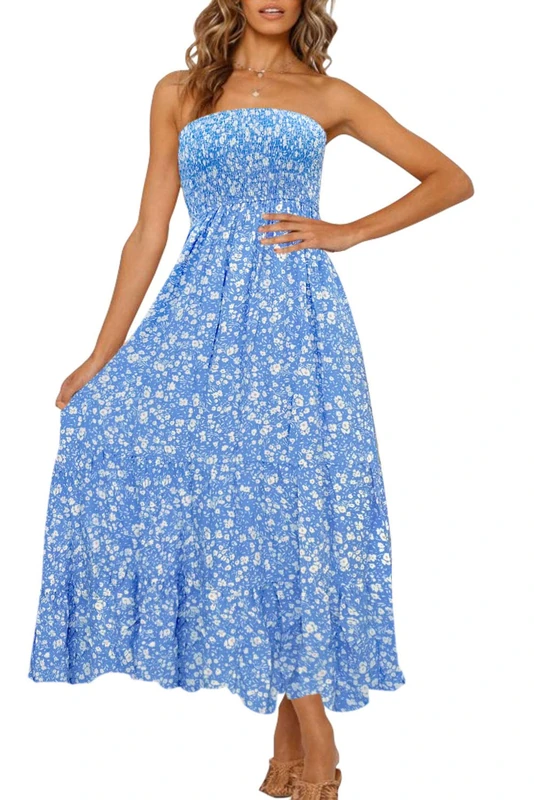 ZESICA Women's Summer Bohemian Floral Printed Strapless Beach Party Long Maxi Dress, Blue, Medium
