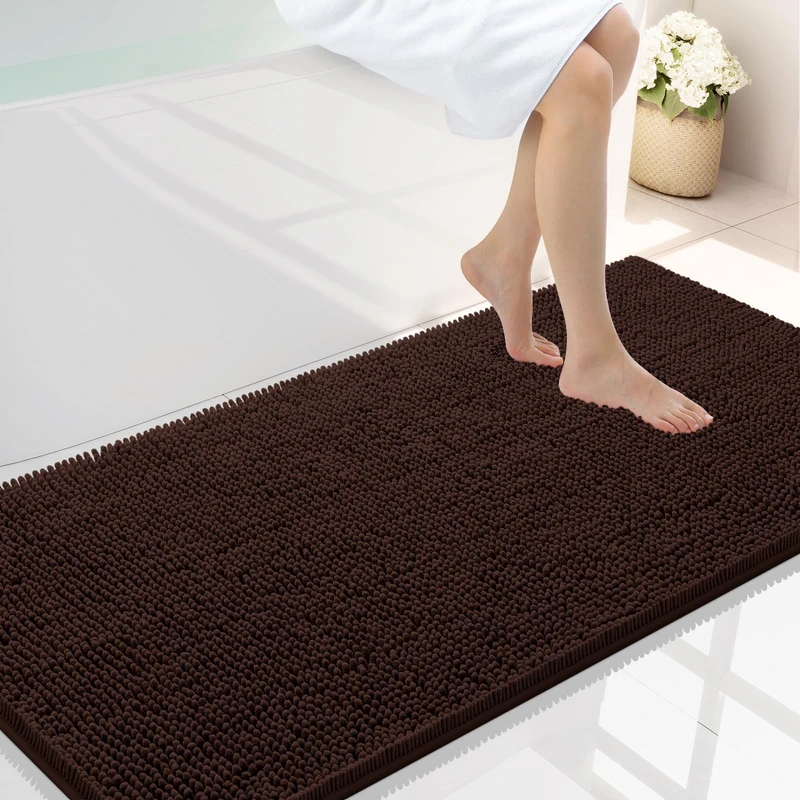 smiry Luxury Chenille Bath Rug, Extra Soft and Absorbent Shaggy Bathroom Mat Rugs, Machine Washable, Non-Slip Plush Carpet Runner for Tub, Shower, and Bath Room(47''x24'', Brown)