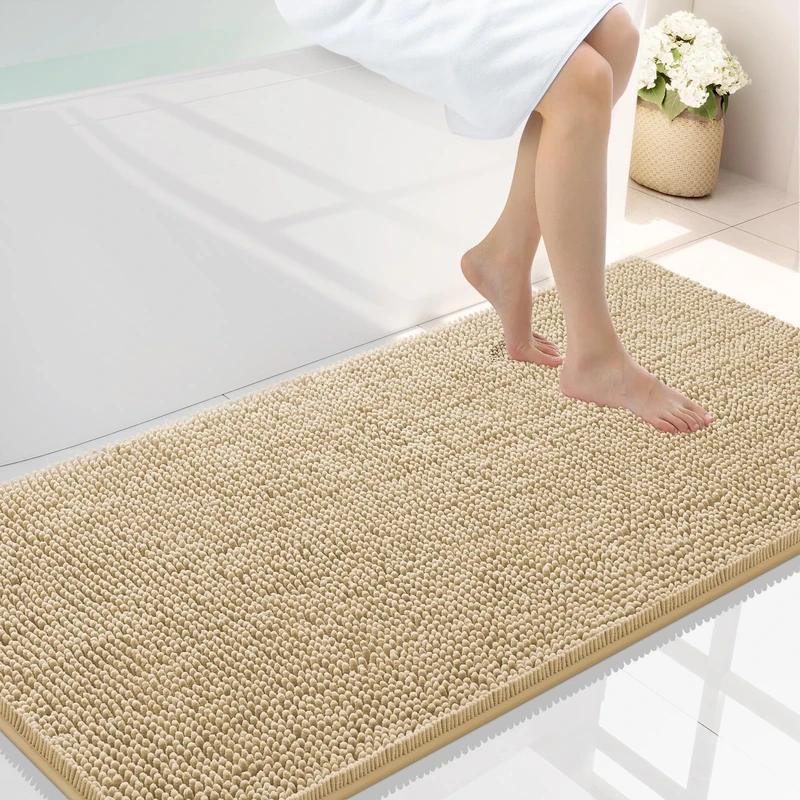 smiry Luxury Chenille Bath Rug, Extra Soft and Absorbent Shaggy Bathroom Mat Rugs, Machine Washable, Non-Slip Plush Carpet Runner for Tub, Shower, and Bath Room(47''x24'', Beige)