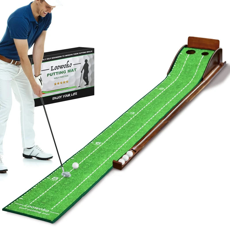 Loowoko Indoor Putting Green with Ball Return, Golf Practice Training Equipment Putting Mat for Home Office