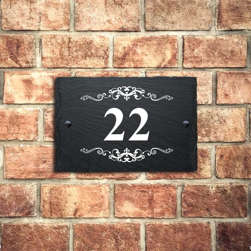 Slate House Signs Personalised Door Number Plaques for Wall Outside UV Printed Natural Slate Rustic Choice of 5 Sizes 6 Fonts Ideal For Home, Office, Gate, Porch(10x15cm Rectangle Number)