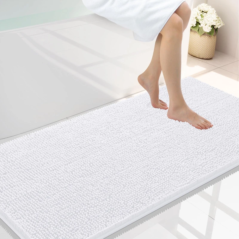 smiry Luxury Chenille Bath Rug, Extra Soft and Absorbent Shaggy Bathroom Mat Rugs, Machine Washable, Non-Slip Plush Carpet Runner for Tub, Shower, and Bath Room (47''x24'', White)