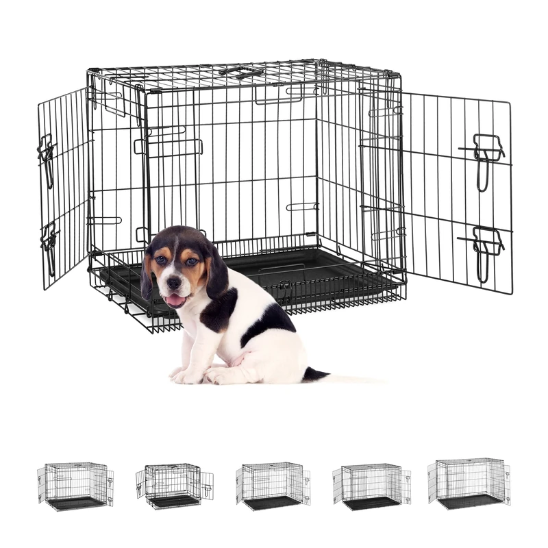 Relaxdays Cage for Home, Office, Car Dog Crate, Foldable, Steel Mesh Box with Tray, Kennel 50.5 x 60 x 44 cm, Black, Medium