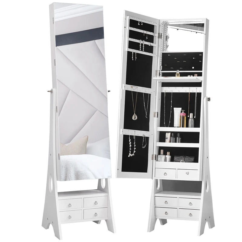 CARME Nikita Jewellery Storage Cabinet with Full Length Mirror, LED Lights - Free Standing Dressing Table & Armoire for Bedroom, Vanity & Makeup - White