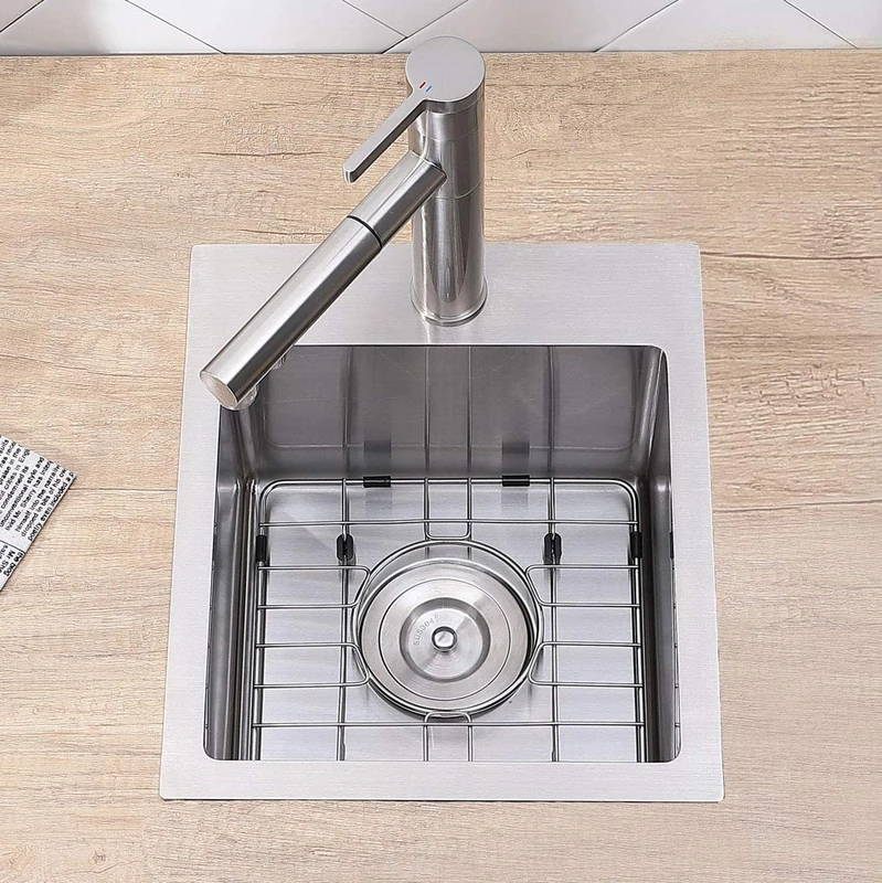 VCCUCINE Bar Sink Drop in, 13 x 15 Inch Topmount RV Small Kitchen Sink, Handmade Stainless Steel Wet Bar Sink, Outdoor Single Bowl, Brushed Nickel Prep Sink with Accessories