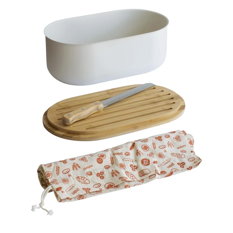 Pebbly - 4 in 1 Bread Bin in Steel and Bamboo, Cream Color