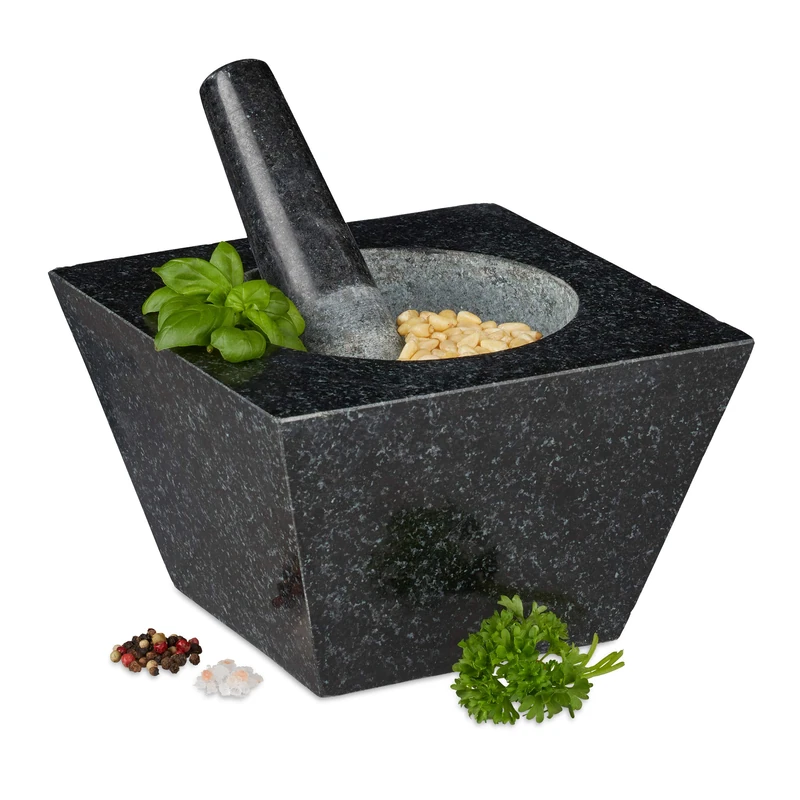 Relaxdays Mortar with Pestle, Spices, Herbs, Polished Stone Mortar, 12 x 19.5 x 19.5 cm, Vol. 750 ml, Granite, Black