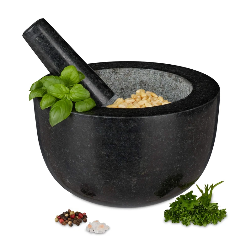 Relaxdays Mortar with Pestle, Spices, Herbs, Polished Stone Mortar, Ø 20 cm, 750 ml Volume, Granite, Dark Grey