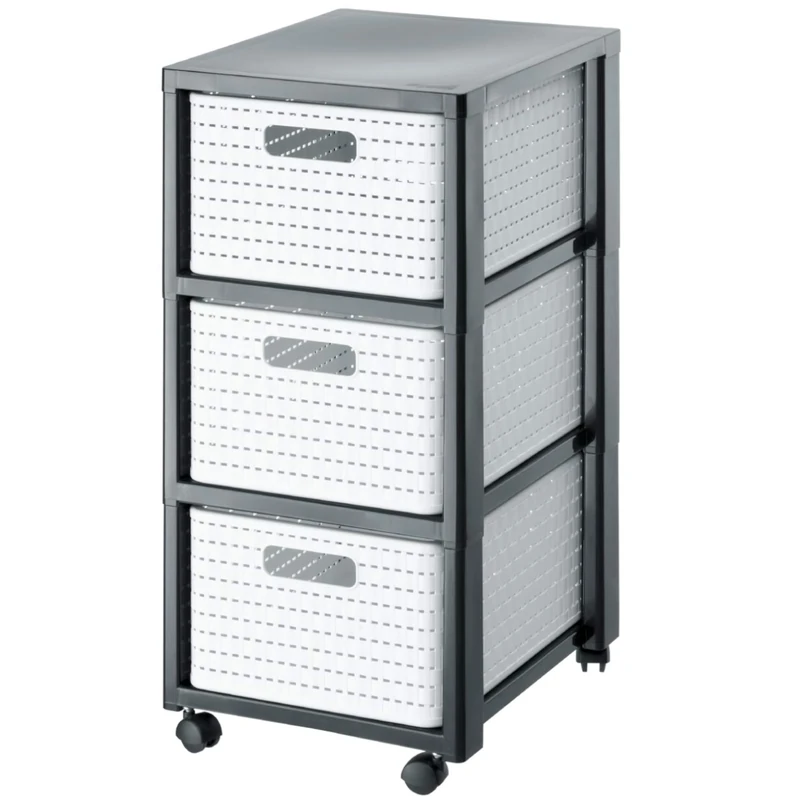 Rotho, Country, Rolling container with 3 drawers in rattan look, Plastic (PP) BPA-, white, 3 x A4/18l (37,5 x 32,5 x 71,2 cm)
