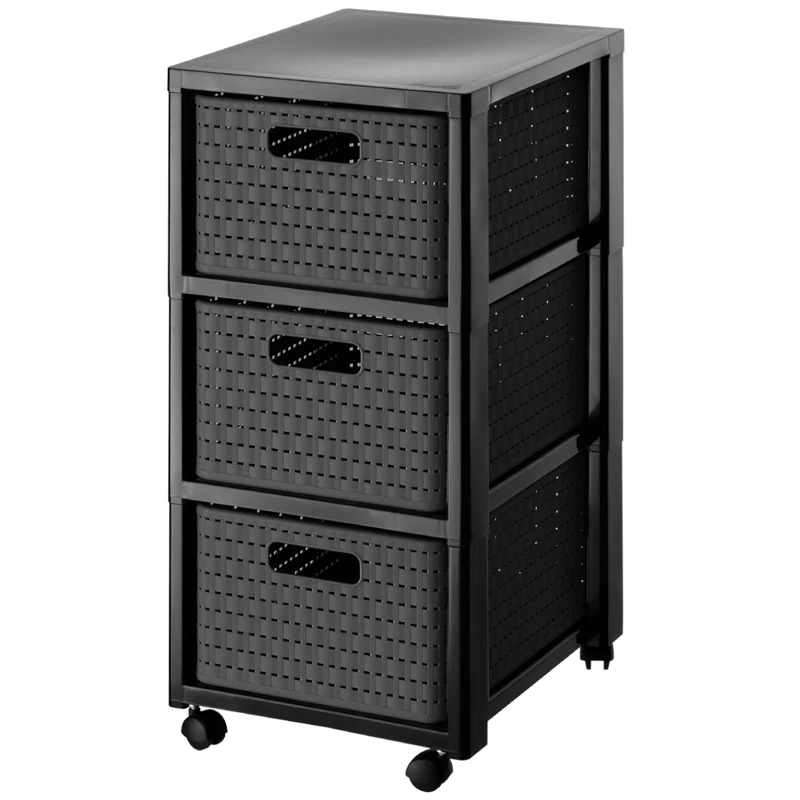 Rotho, Country, Rolling container with 3 drawers in rattan look, Plastic (PP) BPA-, anthracite, 3 x A4/18l (37,5 x 32,5 x 71,2 cm)
