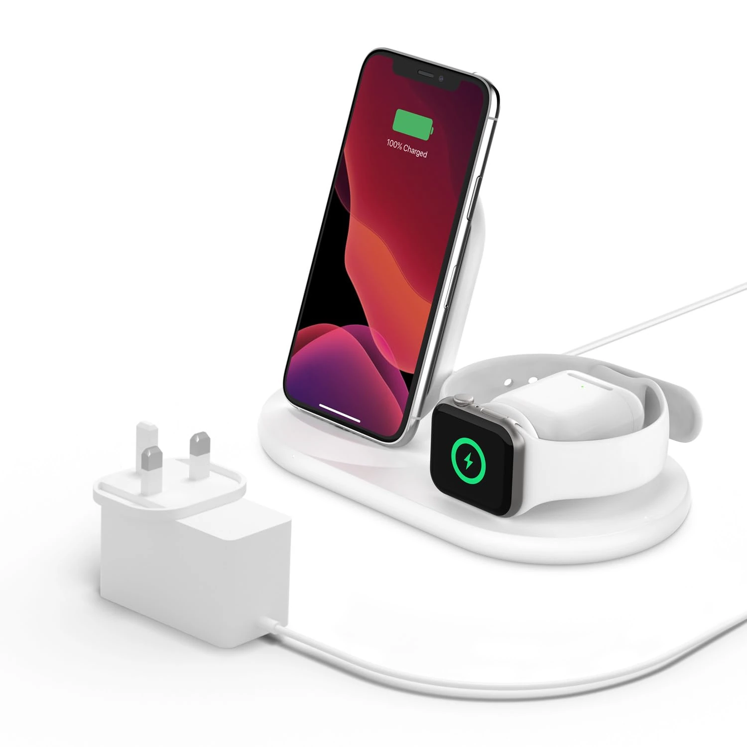 Belkin 3-in-1 Wireless Charger (7.5W Charging Station for iPhone, Apple Watch and AirPods) Charging Dock, Apple Watch series 8, 7, 6 Charging Stand - White