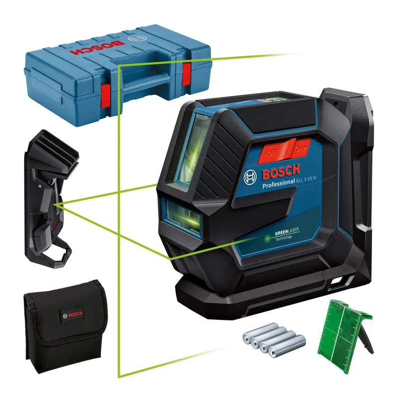 Bosch Professional Laser Level GLL 2-15 G (Green Laser, Interior, LB 10 Mount, Ceiling clamp, Visible Working Range: up to 15m, 4X AA Battery, in Carrying case)