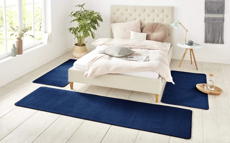 Hanse Home Nasty Rug Bed Border 3-Piece - Bed Rug Runner Short Pile Plain Runner Set for Children's Room Bedroom Plain Dark Blue 2 x 70 x 140 cm 1 x 70 x 240 cm