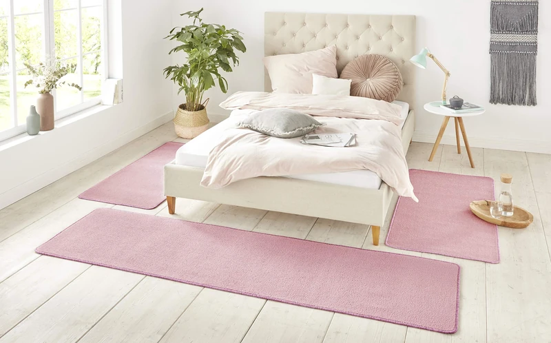 Hanse Home Nasty Rug Bed Border 3-Piece - Bed Rug Runner Short Pile Plain Runner Set for Children's Room Bedroom Plain Light Pink 2 x 70 x 140 cm 1 x 70 x 240 cm