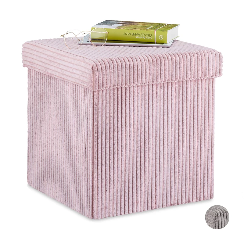Relaxdays Ottoman, Foldable, Seat Stool, Corduroy, Cube Box, with Lid, Storage 38x38x38 cm, Pink, Fibreboard, 38 x 38 x 38 cm