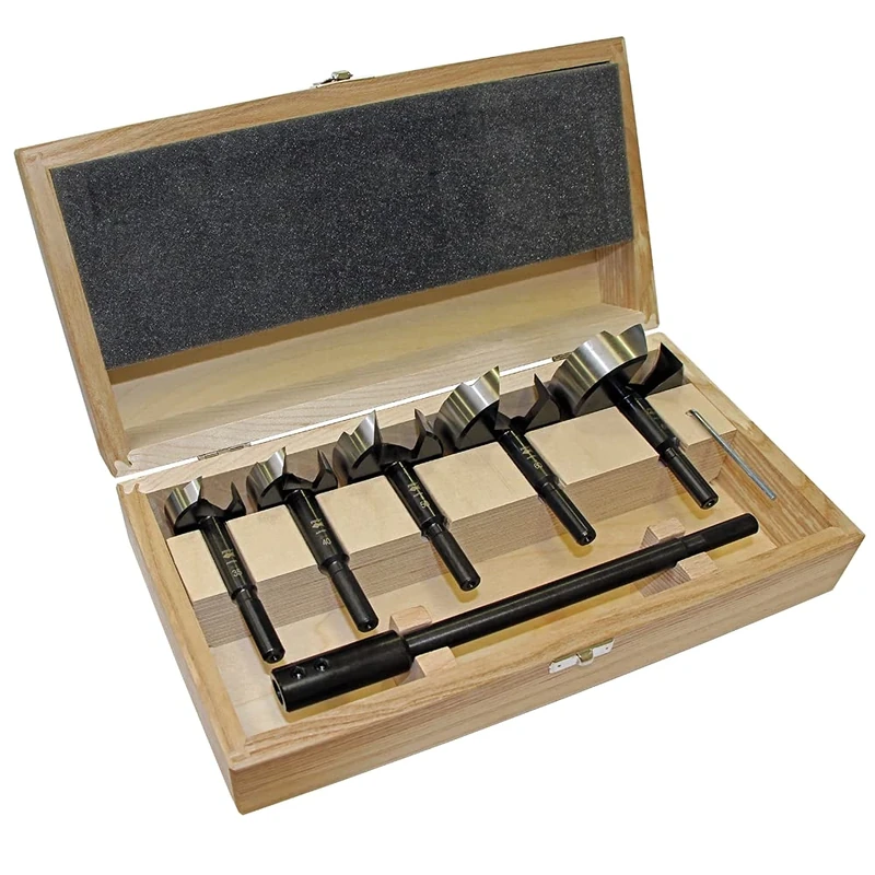 Black Shark Pro Forstner Drill Bit Set 6 Pieces Diameter 35-40-50-60-68 mm Length 90 mm in a Wooden Case