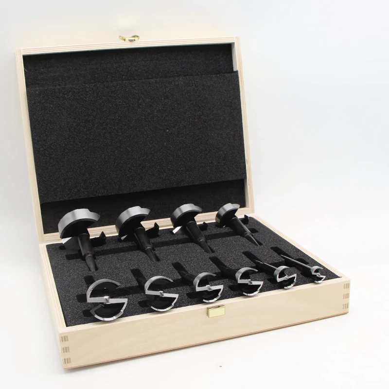 Black Shark Pro Forstner Drill Bit Set 10 Pieces Diameter 15-20-25-26-30-35-40-45-50-55 mm Length 90 mm in a Wooden Case