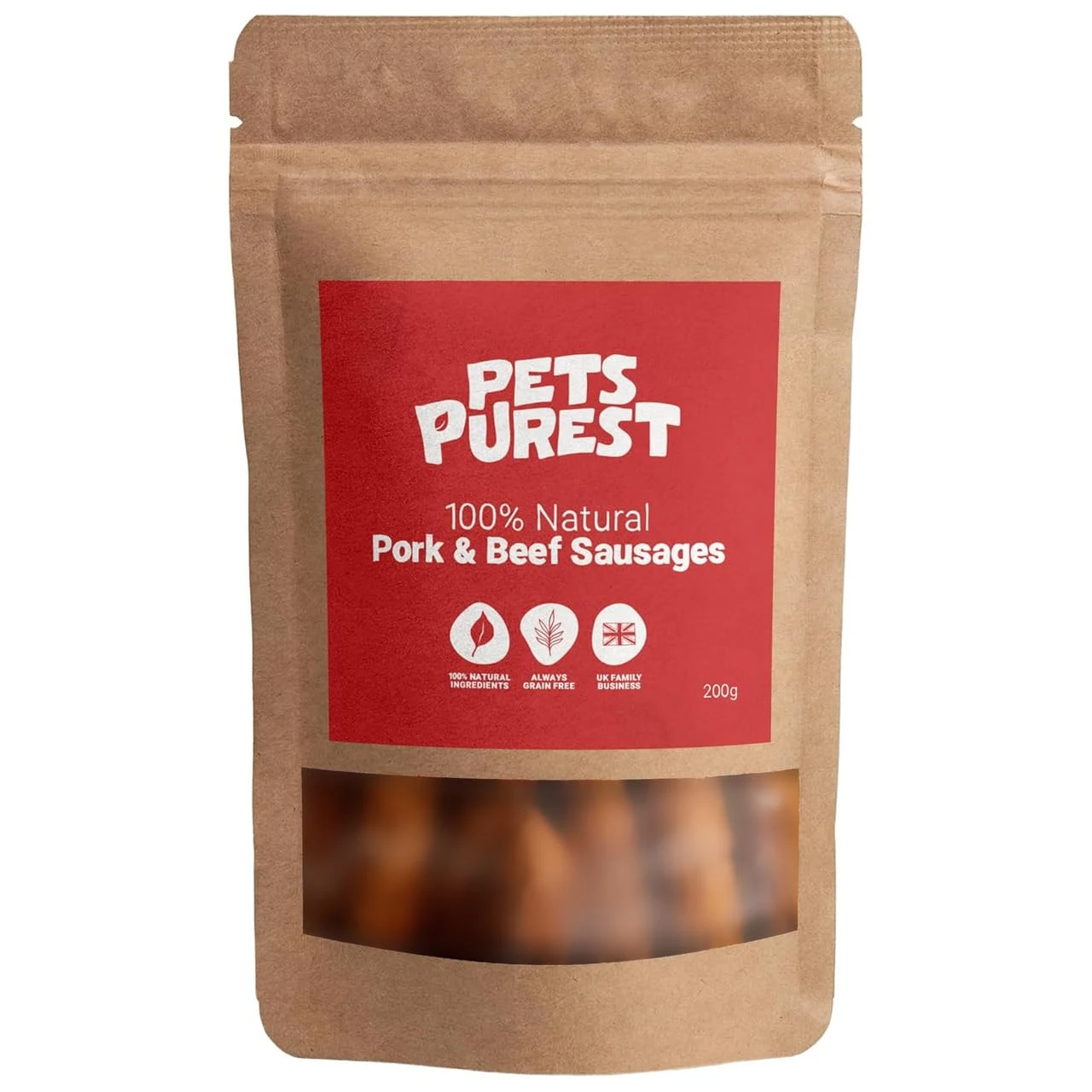 Pets Purest Natural Dog Treat Chews - 100% Healthy Air-Dried Pork & Beef Sausage Meat Treats for Dogs, Puppy & Senior. Grain & Gluten Free Low Fat Raw Protein Dog Food Snack (200g)