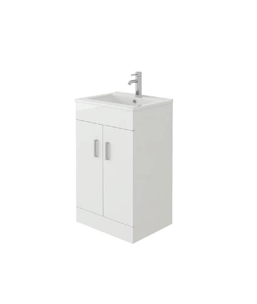 VeeBath VUMW50 Sphinx High Gloss White Free Standing Basin Vanity Cabinet Unit with 2 Swing Doors and Rectangular Sink-500mm (Flat Pack)