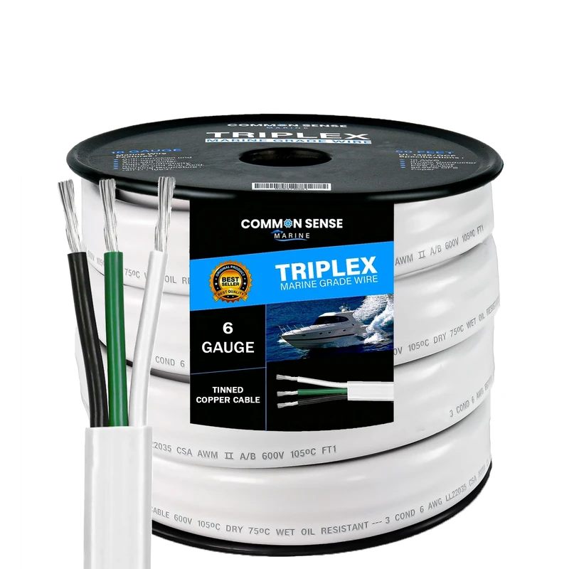 6/3 AWG UL 1426 (The Real Thing) Triplex Flat Marine Wire - Tinned Copper Boat Cable - 10 Feet - White PVC Jacket - Image 1